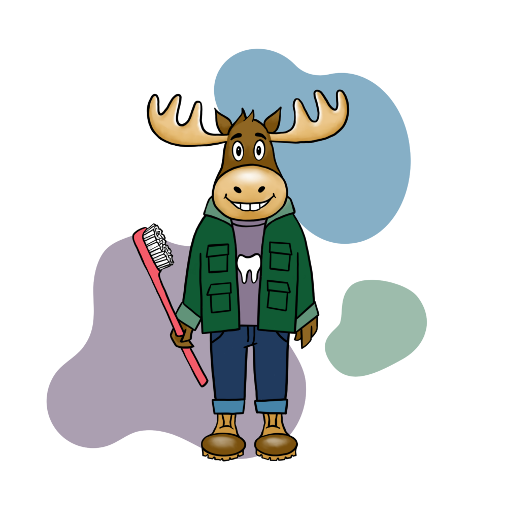 Illustration of Spruce, a friendly moose wearing a green jacket, maine duck boots, and holding a toothbrush.